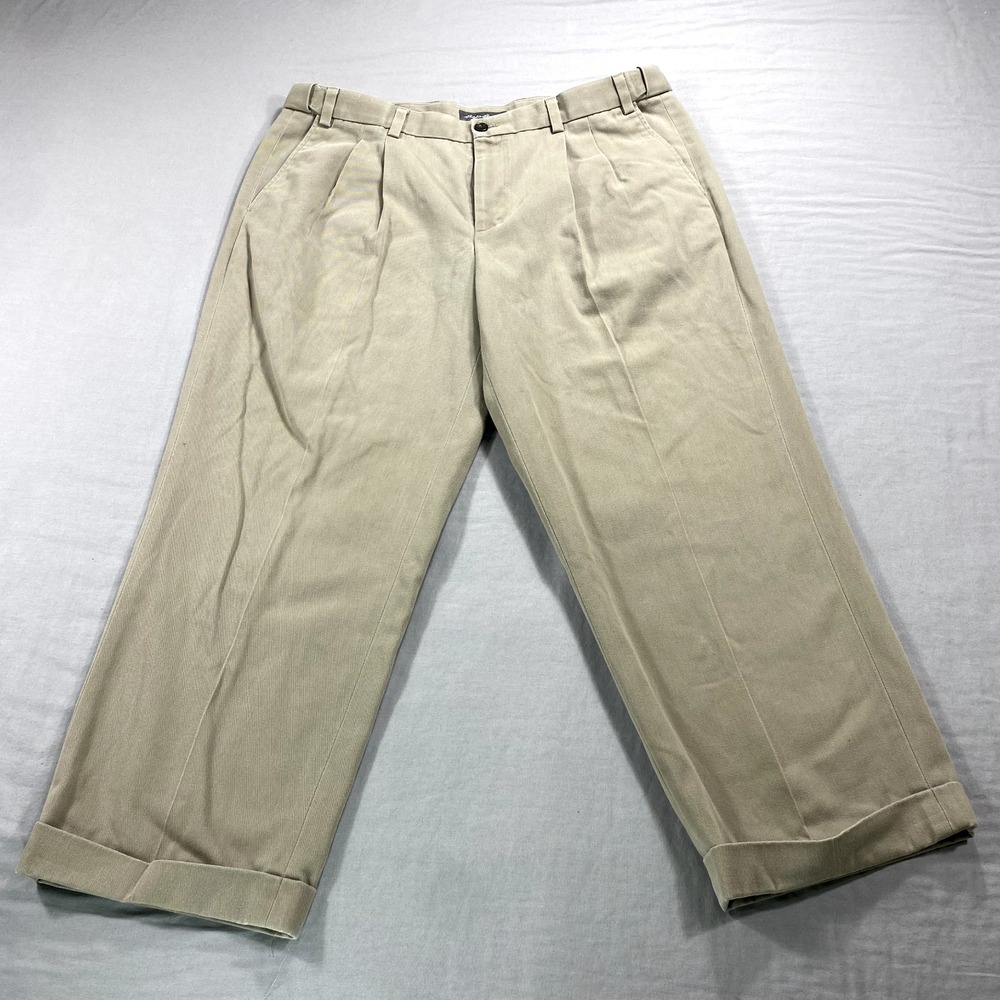 Eddie Bauer Pants Mens 38x27 Khaki Relaxed Fit Pleated Cuffed Chino Casual Dress